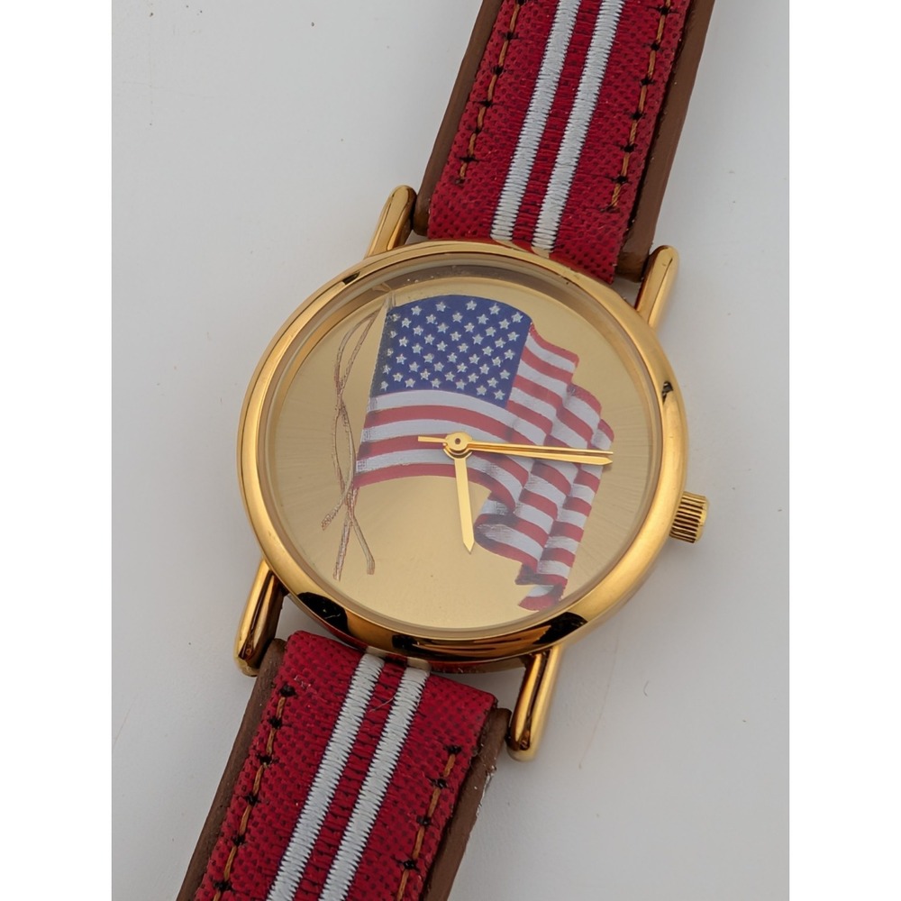 Valdawn American Flag Men's Watch 33mm Gold Case Leather Band-‎ New Battery